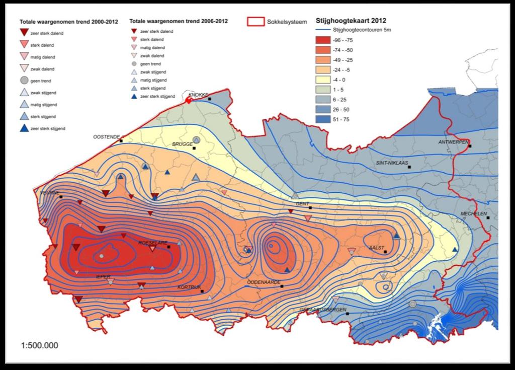 De laagste stijghoogten komen voor in West-Vlaanderen en zitten grotendeels vervat in de afgebakende depressiezone SS_1000_GWL_1, met een kern (-75m TAW en dieper) die zich situeert rondom de as