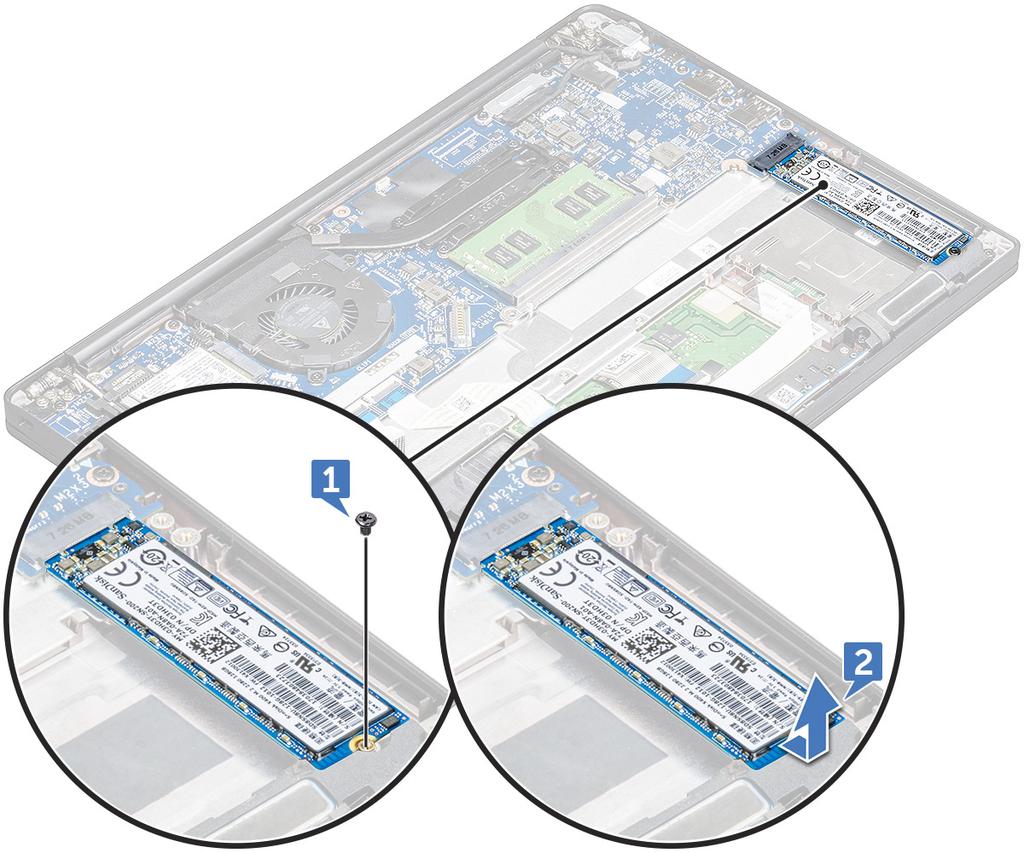 SATA SSD plaatsen 1 Schuif de SATA SSD-kaart in de connector. 2 Draai de schroef vast om de SATA SSD-kaart te bevestigen op het moederbord. 3 Plaats de onderplaat.
