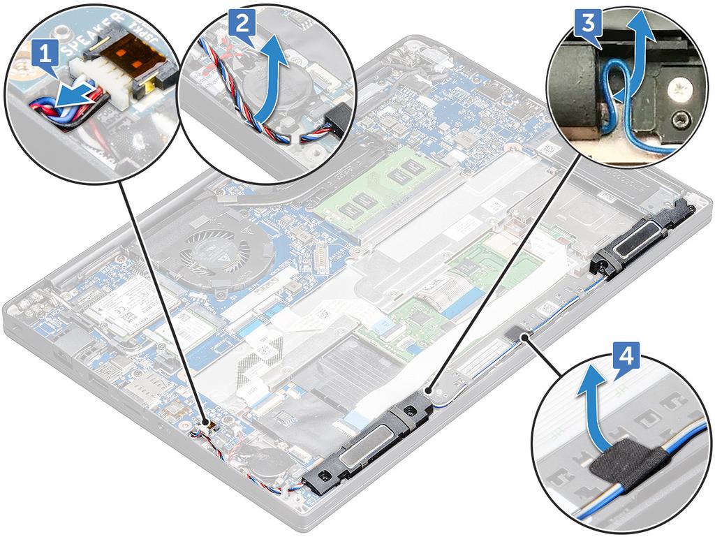 c Verwijder de tape waarmee de luidsprekerkabel aan de touchpadkaart is bevestigd [4]. 4 Verwijder de luidsprekermodule als volgt: a Verwijder de M2.0x3.