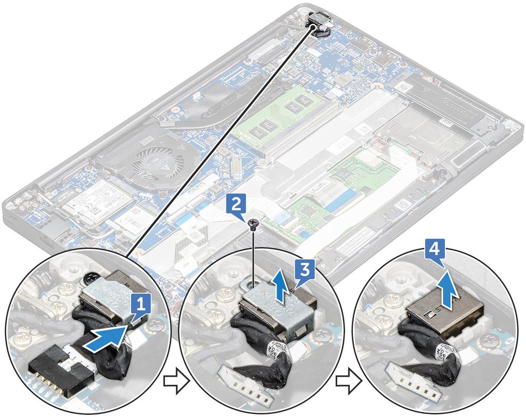 OPMERKING: Gebruik een plastic pennetje om de kabel uit de connector los te maken. Trek niet aan de kabel, omdat dit kan leiden tot defecten b Verwijder de M2.0 x 3.