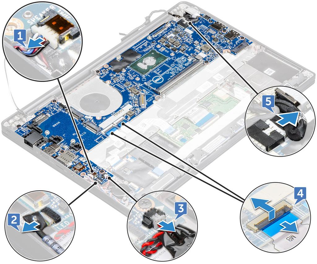 6 Verwijder het moederbord als volgt: a Verwijder de M2.0 x 3.0-schroeven waarmee het moederbord op de computer is bevestigd [1].