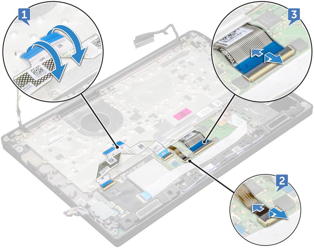 e f g h WLAN-kaart WWAN-kaart koelplaat moederbord 3 Koppel de kabels los aan het uiteinde van de palmsteun: a touchpad- en USH-kaartkabels [1] b kabel voor toetsenbordverlichting [2] c