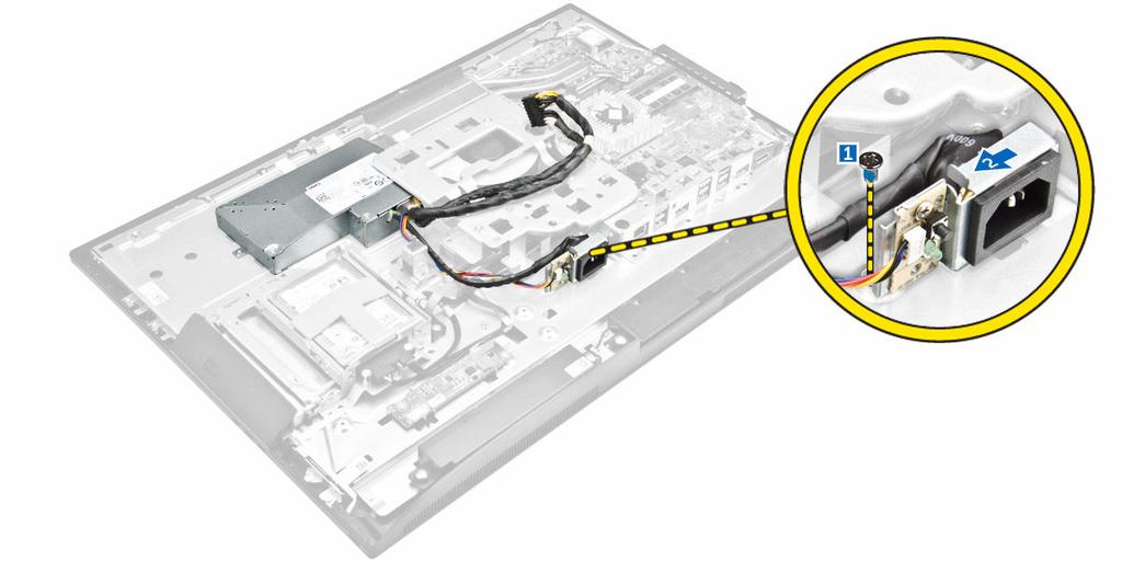 5. Voer de volgende stappen uit zoals wordt getoond in de afbeelding: a. Verwijder de schroef waarmee de voeding aan het chassis vastzit [1]. b. Schuif de voeding en til deze uit het chassis [2].