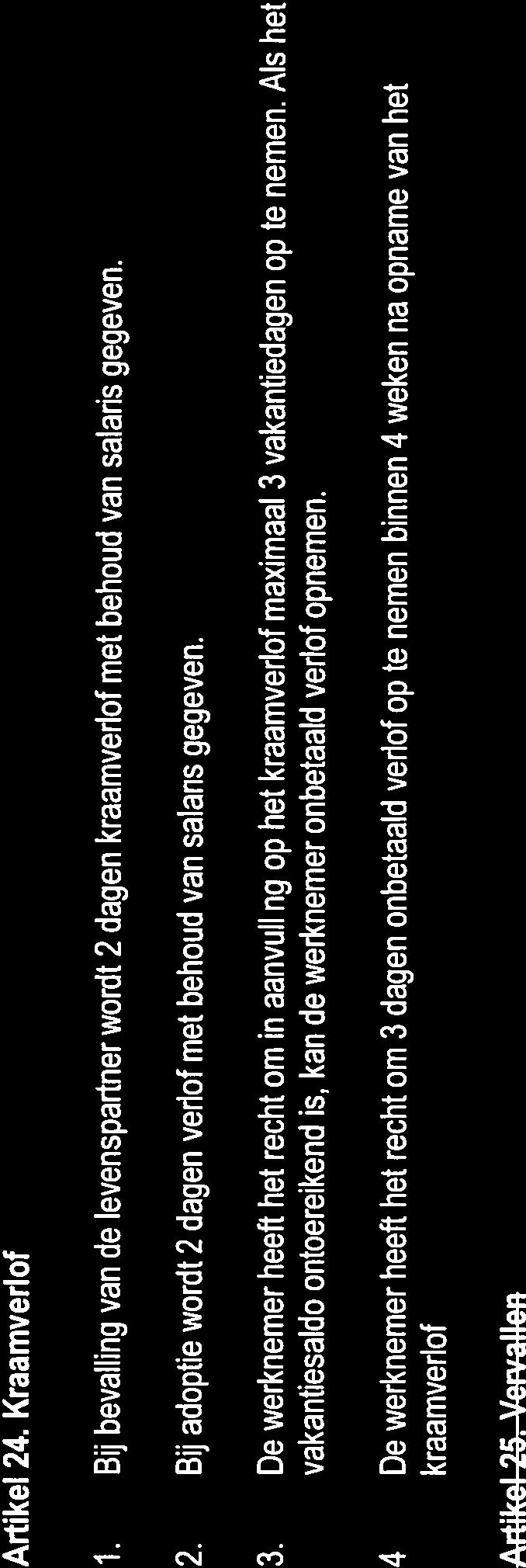 Artikel 24. Kraamverlof 1. Bij bevalling van de Ievenspartner wordt 2 dagen kraamverlof met behoud van salaris gegeven. 2. Bij adoptie wordt 2 dagen verlof met behoud van salaris gegeven. 3.