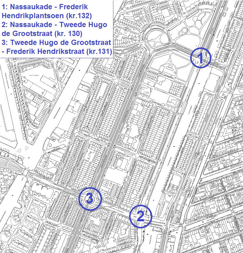 Op de afbeelding is de ligging van de kruispunten weergegeven. Kruispuntanalyse Nassaukade Frederik Hendrikplantsoen (kr.