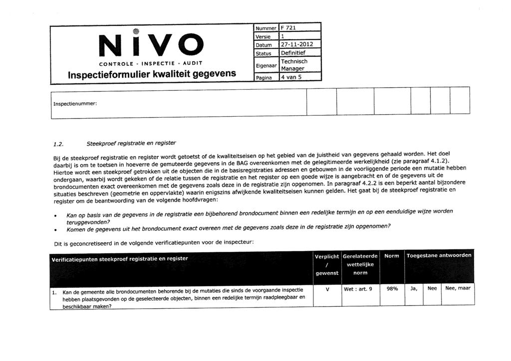 i INSPECTIE INSPECTIE AUDIT Nummer F 721