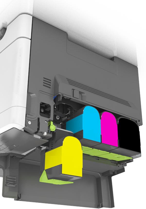 Printer onderhouden 144 4 Lijn de nieuwe tonercartridge uit en druk deze vervolgens omlaag totdat de cartridge op zijn plaats zit. 5 Sluit de bovenklep.