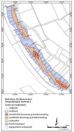In het nog lopende veldonderzoek in Well-Aijen zijn de resultaten van werkvak 2 bekend. 291 Op de kronkelwaardruggen is een groot aantal vindplaatsen uit het Vroeg-Mesolithicum ontdekt. (afb. 04.