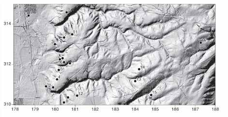 Afbeelding 02.06 Verspreiding middenpaleolithische vindplaatsen in het westelijke heuvelland, ten zuidoosten van Maastricht (Rensink 2005, fig. 9). 2.2.10.