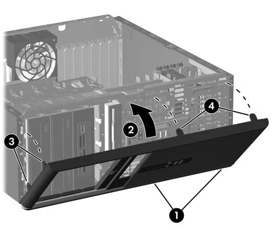 Voorpaneel terugplaatsen 1. Plaats de onderste scharnierpunten van het voorpaneel in de bijbehorende gleufjes in het chassis (1). 2.