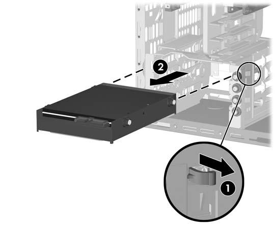 Afbeelding 2-17 Schijfeenheid van 3,5 inch of 5,25 inch verwijderen in de minitowerconfiguratie (optische-schijfeenheid wordt weergegeven) Als u een vaste schijf wilt verwijderen uit een