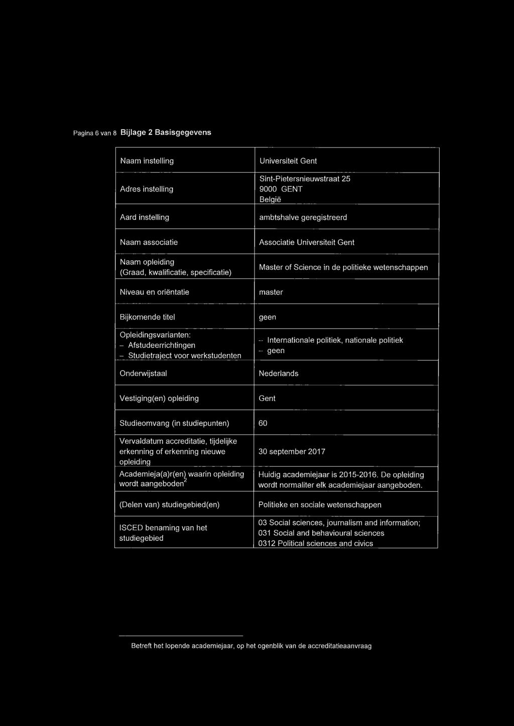 Afstudeerrichtingen - Studietraject voor werkstudenten Onderwijstaal geen - Internationale politiek, nationale politiek - geen Nederlands Vestiging(en) opleiding Gent Studieomvang (in studiepunten)