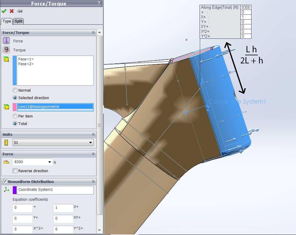 De belasting wordt als volgt gedefinieerd in Solidworks Simulation.