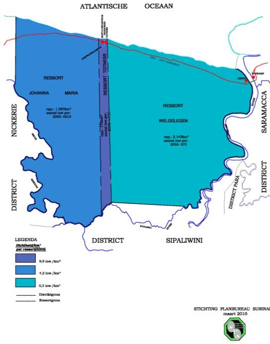 3. HET DISTRICT CORONIE Geografie: Het district Coronie wordt overeenkomstig Decreet C-17, 24 februari 1983, alsvolgt begrensd: - Noorden: aan de Atlantische Oceaan; - Westen: aan het distrikt
