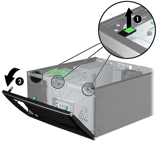 Het voorpaneel verwijderen 1. Zorg dat alle beveiligingsapparaten die het openen van de computer verhinderen, zijn verwijderd of ontkoppeld. 2.