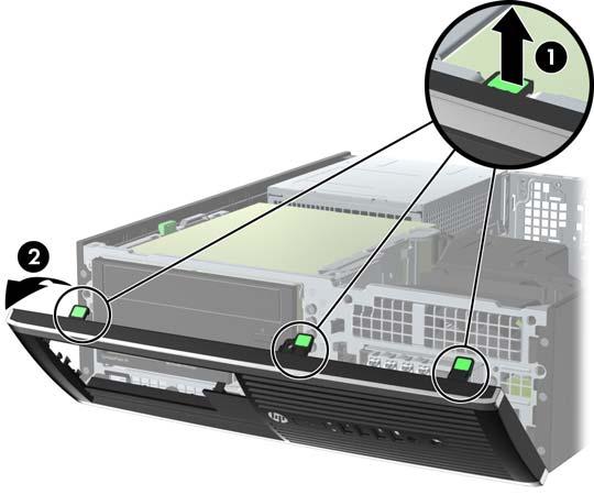 Het voorpaneel verwijderen 1. Zorg dat alle beveiligingsapparaten die het openen van de computer verhinderen, zijn verwijderd of ontkoppeld. 2.