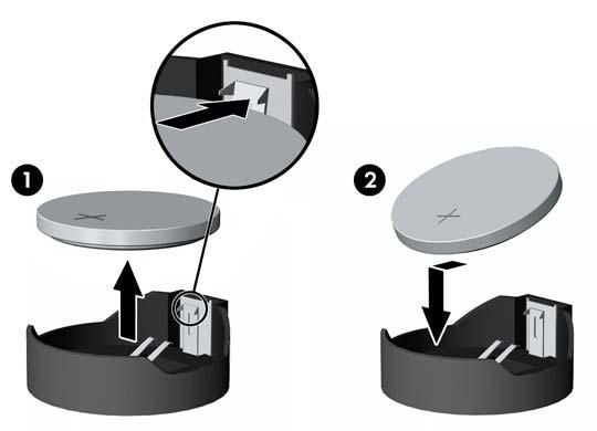 Type 2 a. Knijp de metalen klem die boven één kant van de batterij uitsteekt, iets samen om de batterij te ontgrendelen. Verwijder de batterij wanneer deze omhoog komt (1). b. Schuif één kant van de nieuwe batterij onder het palletje van de houder, met de pluspool naar boven.