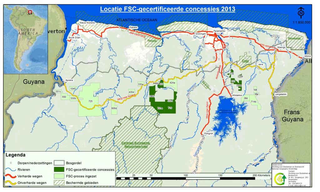 5.7 Certificering In het jaar 2013 waren de concessies van 2 houtbedrijven in Suriname FSC gecertificeerd. Het houtbedrijf Suma Lumber Company N.V. heeft concessie met de oppervlakte van 92.