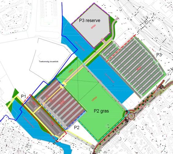 5. Fase 3 Waterfront Tijdelijke functies Primair dient het gebied van fase 3 Waterfront te worden ingericht voor tijdelijke parkeren ter compensatie van het verlies aan parkeerplaatsen in het