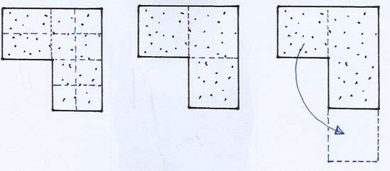 totaal dus 2 x 6 is 12 cm². Bij fig. B is het wat lastiger. Wie ziet een handige manier om hier de oppervlakte te bepalen?