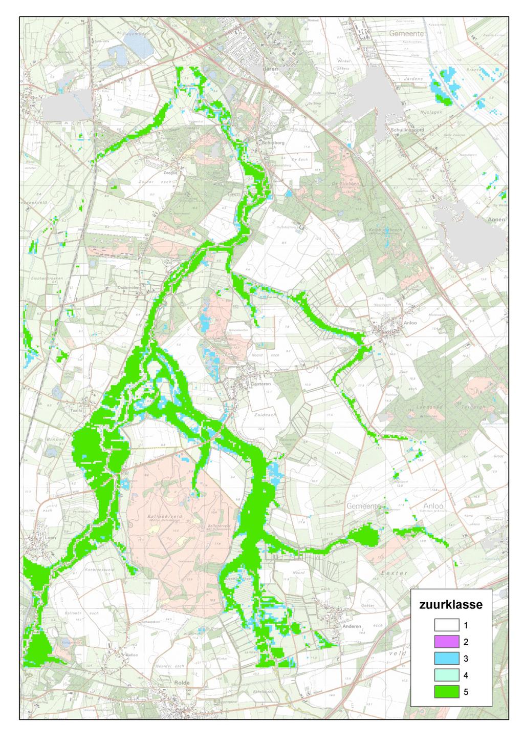 Figuur 5-5 Berekening van de zuurgraad met het prototype van de Waternood-kansrijkdommodule in het Drentse Aa-gebied, links op basis van de door het hydrologische model berekende kwelfluxen, rechts