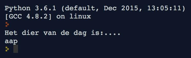 Python print twee dingen! Eerst de eerste zin, en dan het dier. Dat dier zit opgeslagen in een variabele (zeg: \va-rie-a-bu-luh. De variabele heet hoofdrolspeler. Opdracht.