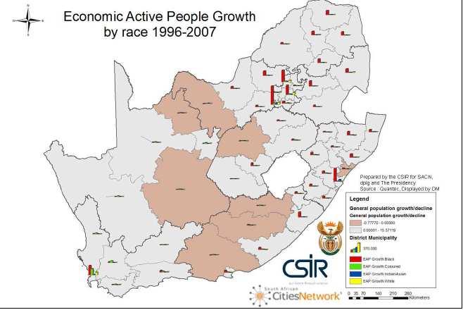 30 Die kaart toon die toename per ras van ekonomies aktiewe mense tussen 1996-2007. Die grys toon die ekonomies aktiewe mense per ras aan, terwyl die bruin n afname aan groeikoers per ras aandui.