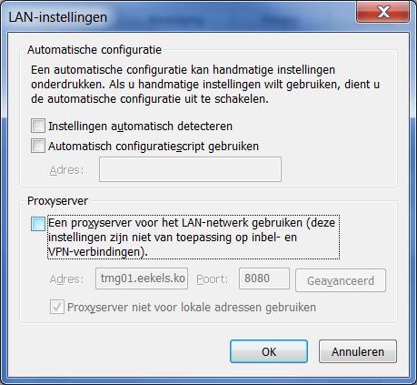 6. Haal vervolgens het vinkje weg bij "Een proxyserver voor LAN-netwerken "; 7.