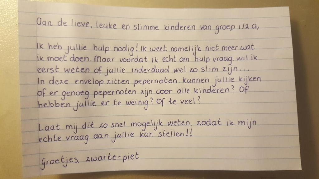 Bijlage 1: De brief van zwarte piet Aan de lieve, leuke en slimme kinderen van groep 1/2 a, Ik heb jullie hulp nodig! Ik weet niet meer wat ik moet doen.