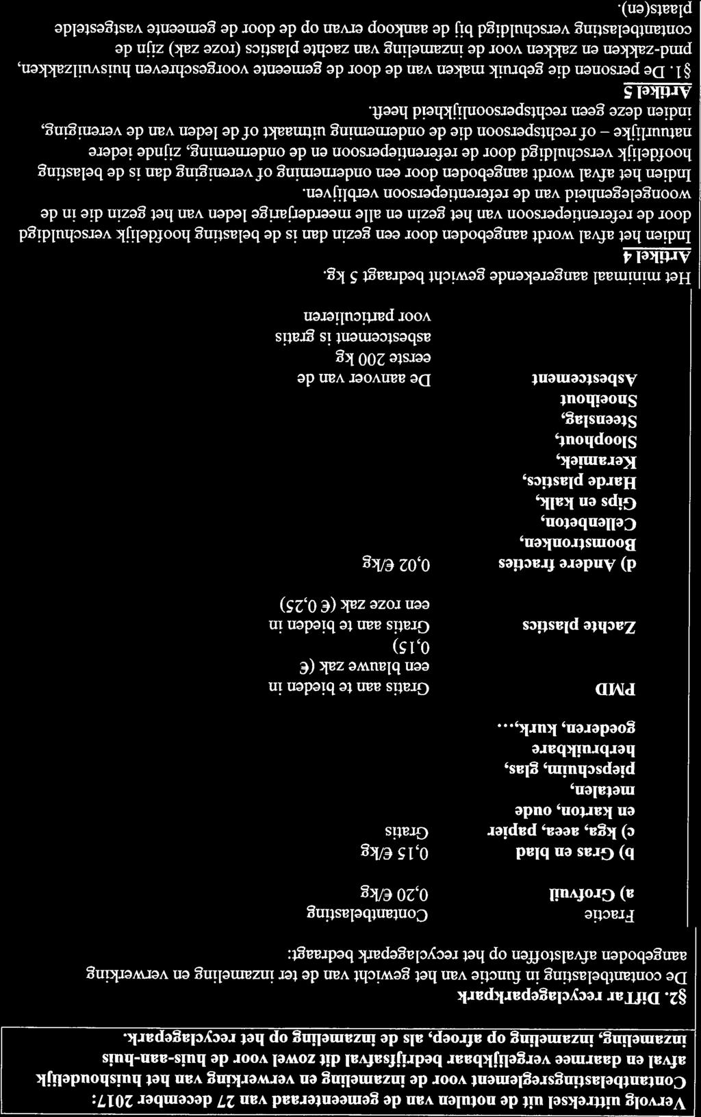 of Vervolg uittreksel uit de notulen van de gemeenteraad van 27 december 2017: afval en daarmee vergelijkbaar bedrjfsafval dit zowel voor de huis-aan-huis inzameling, inzameling op afroep, als dc