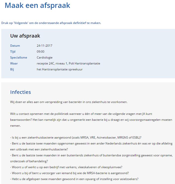 stap 3: Wanneer u een geschikte dag en tijd heeft gevonden, klikt u rechts op de tekst Plan deze afspraak U komt nu op de bevestigingspagina van de afspraak terecht.