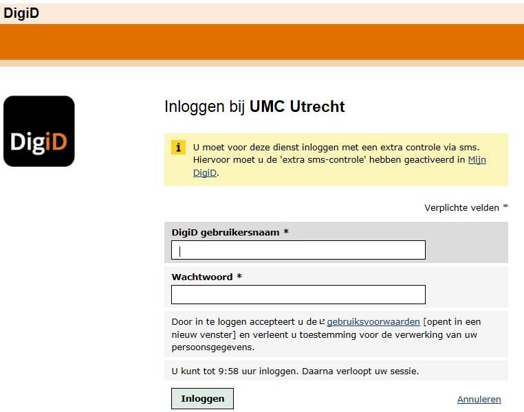 Stap 4: U komt op een invulscherm van DigiD, zie scherm hieronder.