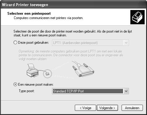Printerpoort installeren voor netwerkprinters ì Klik op het keuzerondje