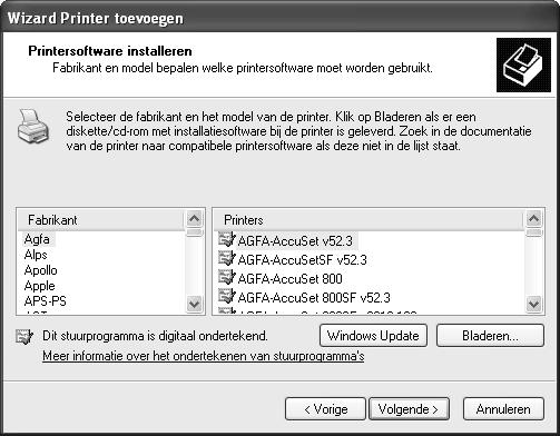Printerpoort installeren voor netwerkprinters Na het voltooien van de wizard voor het installeren van de printerpoort wordt de wizard Printersoftware installeren geopend.