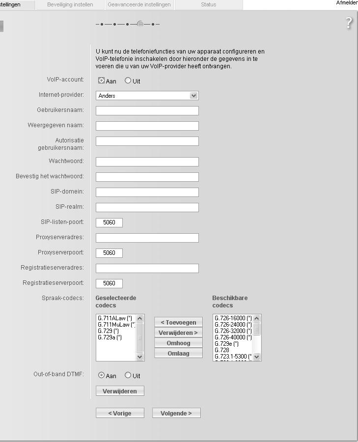 Basisinstellingen Telefonie De gegevens die u nodig heeft voor de configuratie van uw internetverbindingen vindt u in de documentatie die u