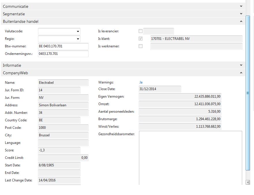 Onderaan de contactfiche vindt je een tabblad CompanyWeb waar de gegevens zijn ingevuld.