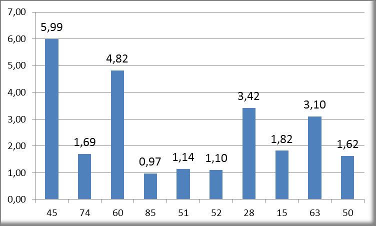 Grafiek 13 - Globale ernstgraad in de 10 sectoren (NACE 2-2003) berekend op basis van de gegevens van de ongevallen tussen 2005 en 2007 die bekend zijn 4 jaar na het jaar van het ongeval De grafieken