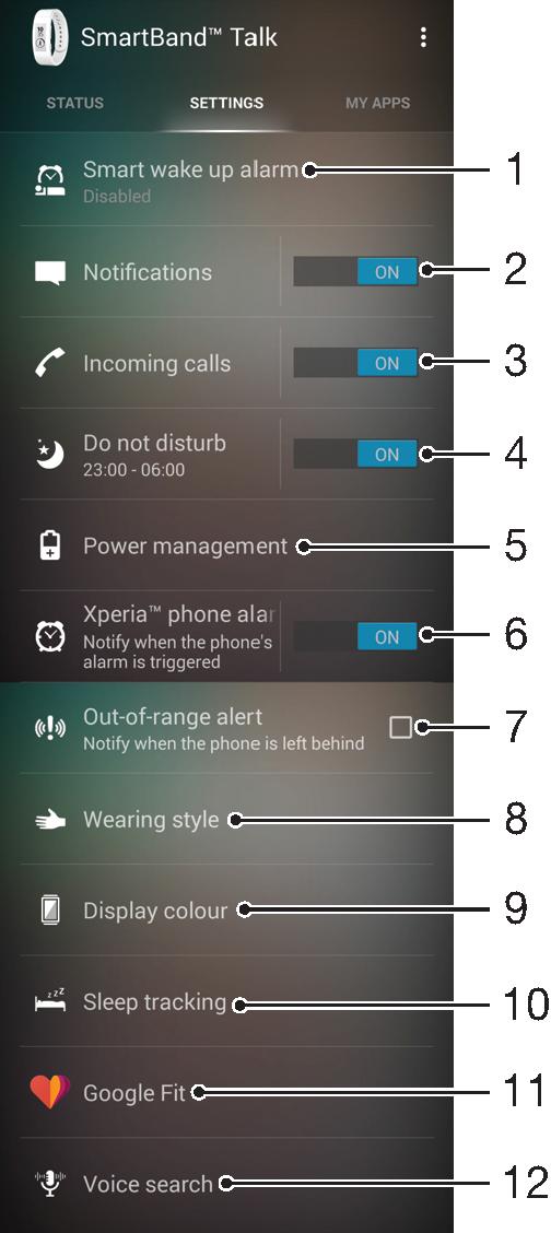 Instellingen voor de SmartBand Talk Uw SmartBand Talk-applicatie gebruiken U kunt de instellingen van uw SmartBand Talk bekijken en wijzigen via de SmartBand Talk-applicatie op het Android -apparaat.