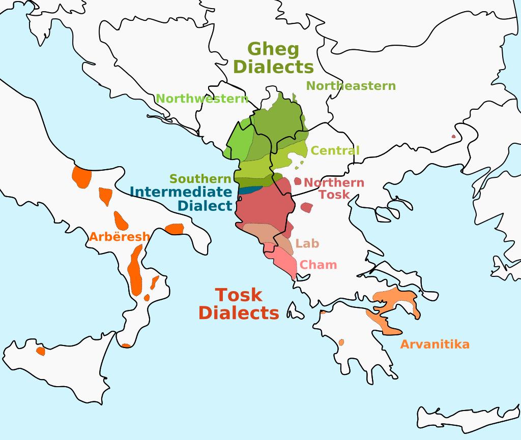 Albanese dialecten Tosk: Zuid-Albanië, standaardtaal.