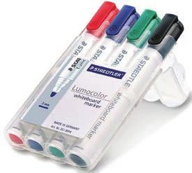 zwart 635141 rood 635142 blauw 635143 groen 635144 STAEDTLER LUMOCOLOR WHITEBOARDSTIFT 351 Geurloos en droog uitwisbaar. Navulbaar. Met ronde punt.