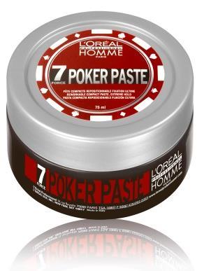 L ORÉAL PROFESSIONNEL HOMME POKER PASTE STERKTE 7 Matte finish Extreem texturiserend effect De hele dag een veelzijdige, hermodelleerbare look CLAY STERKTE 5 Klei voor sterke fixatie Textuur en