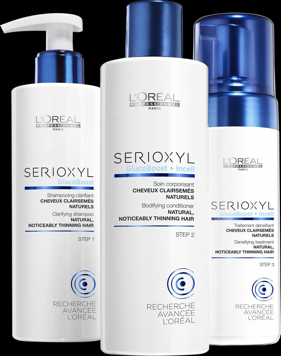 SERIOXYL Fuller HairService Fuller Hair Sterker haar met voller uitzicht Zuiverende werking van de hoofdhuid Fris en gementoleerd gevoel GLUCOBOOST Zet zich om in actieve bestanddelen en geeft