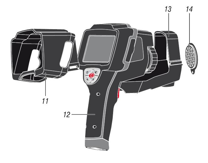 11. LCD opening 12. Warmtebeeldcamera 13. Statiefbevestiging 14. Lens beschermkap 15. Video-uitgang 16.