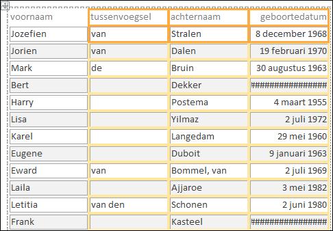 195 Sleep de rechterrand van de kolom geboortedatum iets naar rechts totdat alle informatie erin past Klik in het tabblad Design van het lint, in de groep Header/Footer, op de knop Title Een