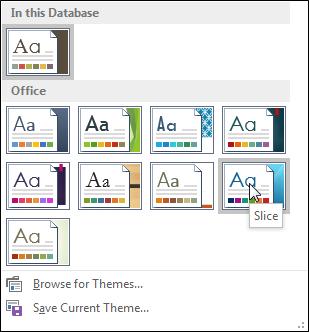 227 Klik op een thema, bijvoorbeeld Slice De in het thema opgenomen kleuren en lettertypen worden toegepast.