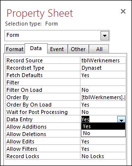 Selecteer het tabblad Data of All en stel de eigenschap Data Entry in op Yes Selecteer het tabblad Format of All en stel de eigenschap Caption in op frmwerknemersnieuw Sluit de property sheet en het
