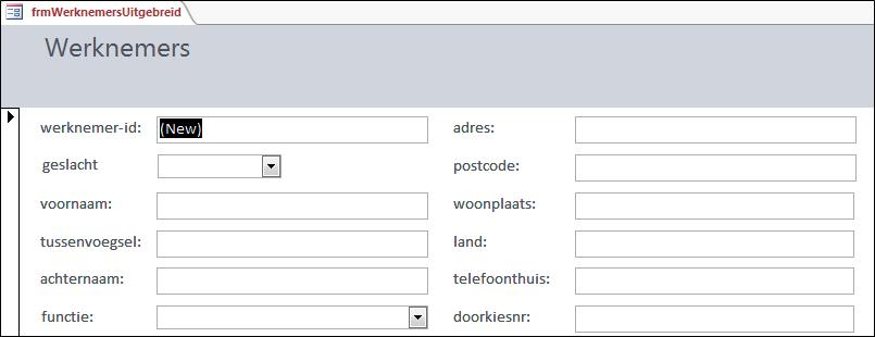 59 In het eerste veld, werknemer-id, verschijnt de tekst (New). Het werknemerid wordt automatisch door Access toegekend zodra u een record invoert.