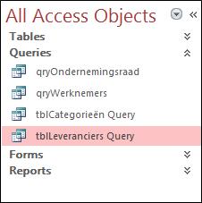 89 Door in het navigatiedeelvenster de objecten van het type Query te laten zien en op een query te dubbelklikken kunt u de opgeslagen query altijd opnieuw starten.