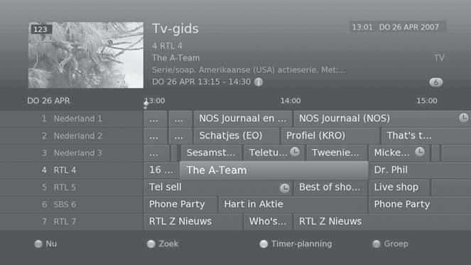 Televisiegids Nederlands De televisiegids is een gids op het scherm in de vorm van een raster. De televisiegids bevat de programma-informatie van zenders op volgorde van tijd en datum.