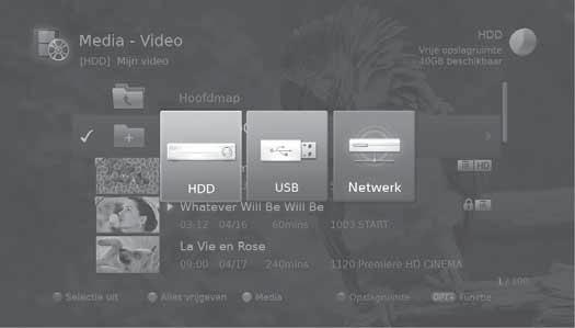 Medialijst U kunt video-, muziek- of fotobestanden ophalen van de ingebouwde vaste schijf, USB-opslagapparaten of van DLNA-apparaten. U kunt de medialijst op verschillende manieren openen.